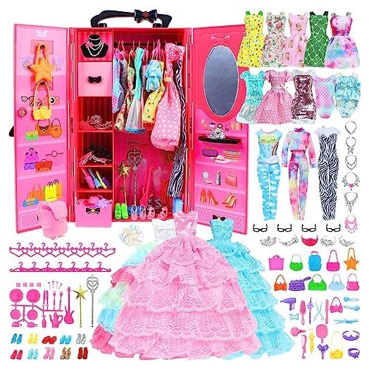 BJDBUS 106 Pcs Doll Wardrobe with Clothes and Accessories Set for 11.5 Inch Girl Doll, Storage Closet Wedding Gown Fashion Dresses Skirts Tops Pants Outfits Bikini Swimsuits Hangers Shoes Other Stuff