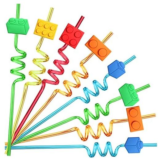 25 Building Blocks Party Favors Brick Block Drinking Straws for Building Blocks Birthday Party Supplies with 2 PCS Straws Cleaning Brush
