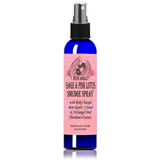 Abundance Smudge Spray with Reiki Charged Rose Quartz Crystal and Archangel Ariel Essence - Uplifting Essential Oil Blend Including Organic White Sage, Pink Grapefruit, Pink Lotus & Peppermint