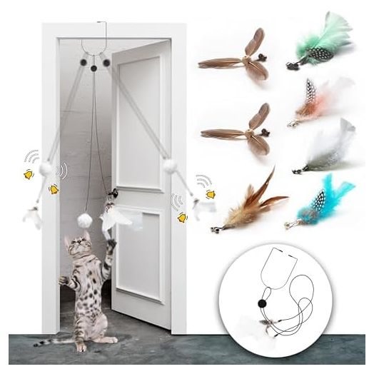 Retractable Cat Feather Toys, 7PCS Refills with Bell, Interactive Doorway Hanging Teaser Toys for Indoor Cats. Kitten Play Exercise Feather Teaser Toys.