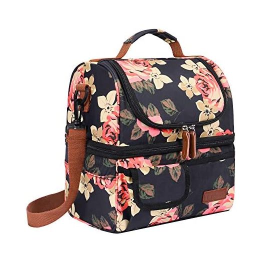 LOKASS Lunch Bag Women Double Deck Insulated Lunch Box Large Cooler Tote Bag with Removable Shoulder Strap Wide Open Thermal Meal Prep Lunch Organizer Box for Adults Work/College/Outdoor, Black Peony