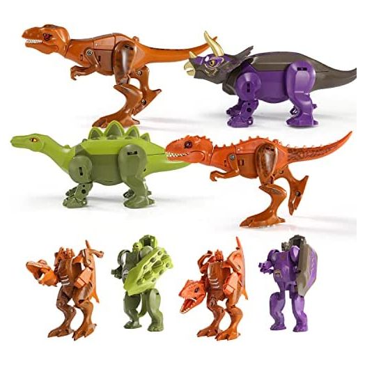 4 Pack Transform Robot Dinosaur Toy for Boys & Girls, 2 in 1 Jurassic Dino Action Figures, Transformed Rescue Bots Dinosaurs T-rex Triceratops, Great Gift for Kids 3 4 5 6 7 Years