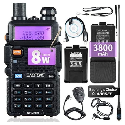 BaoFeng UV-5R 8W High Power Two Way Radio Portable Ham Radio Handheld with one More 3800mAh Battery,Speaker, Antenna, USB Program Cable and Earpiece