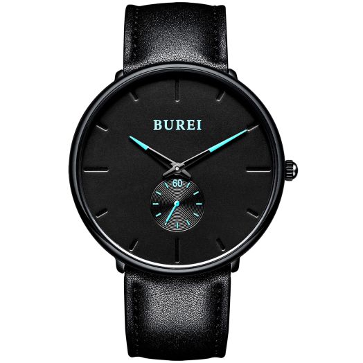 BUREI Men's Quartz Watch Black Minimalist Analog Ultra Thin Waist Watch Simple Style Stainless Steel Mesh Band