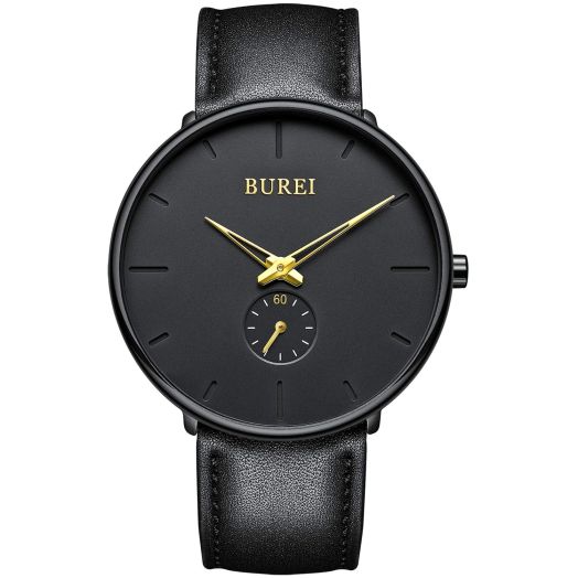 BUREI Men's Black Minimalist Slim Watch Dress Leather Strap Watch Waterproof Analog Quartz Watch with Black Dial (Golden Pointer)