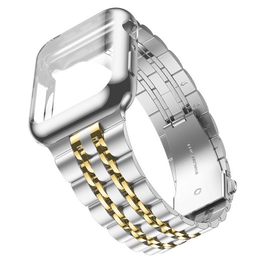 Wolait Compatible with Apple Watch Band 44mm with Case,Upgraded Stainless Steel Metal Business Band with Screen Protector for iWatch Series 6/SE Series 5/4/3/2/1,Silver/Gold Band + Silver Case