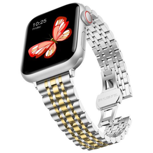 baozai Thin Band Compatible with Apple Watch Band 41mm 40mm 38mm, Women Slim Stainless Steel Metal Wristband for Apple Watch Series 9/8/7/6/5/4/3/2/1/SE, Silver/Gold