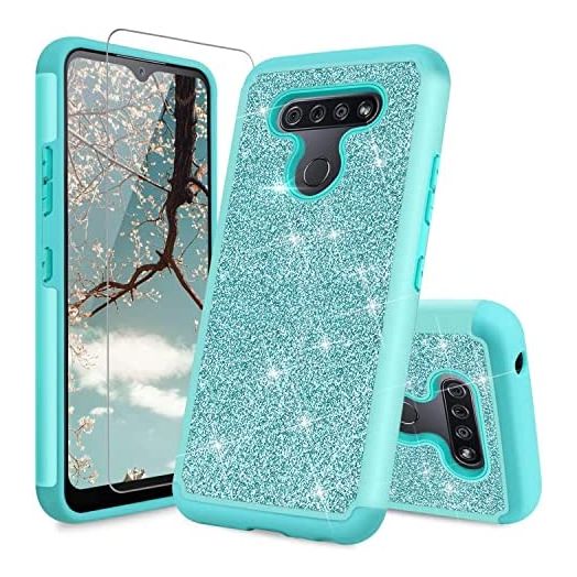 TJS Phone Case Compatible with LG K51/LG Q51/LG Reflect, with [Tempered Glass Screen Protector] Glitter Bling Cute Girls Women Design Dual Layer Heavy Duty Hybrid Cover (Teal)