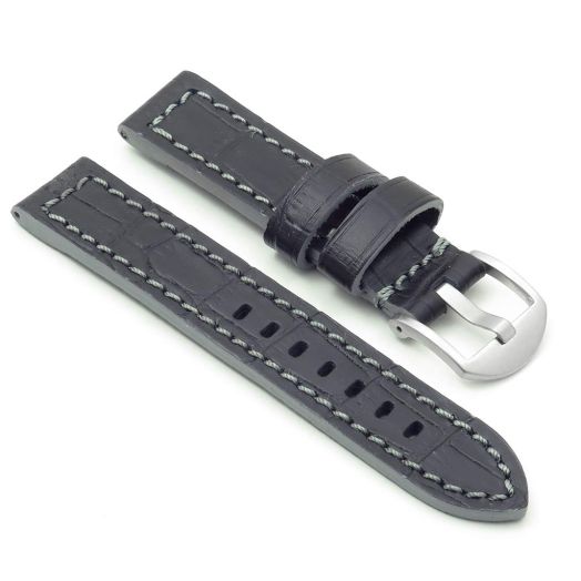 DASSARI Flash Thick Crocodile Embossed Rally Leather Watch Band Strap with Contrast Stitching - Black & Grey - 24mm
