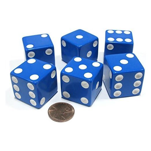 Koplow Games Set of 6 D6 25mm Large Opaque Jumbo Dice - Blue with White Pip