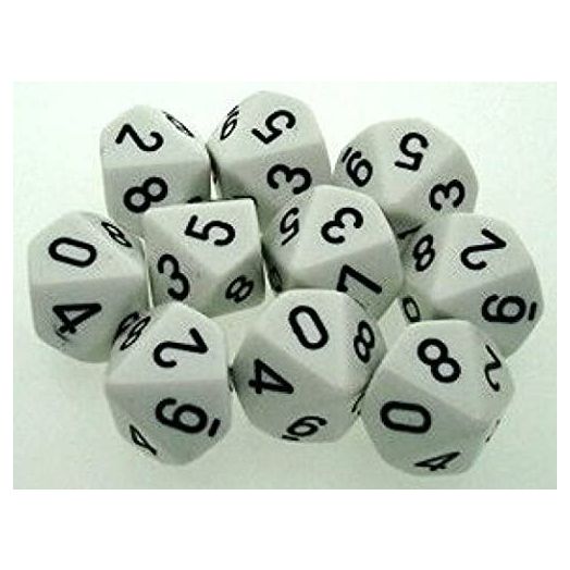 Chessex Dice Sets: Opaque White with Black, Ten Sided Die d10 Set (10)