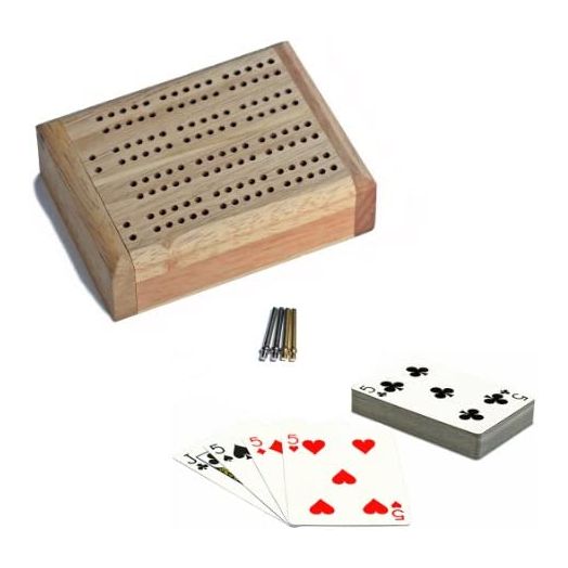 WE Games Mini Travel Cribbage Set Wood 2 Track Board w/ Swivel Top & Storage for Cards & Metal Pegs