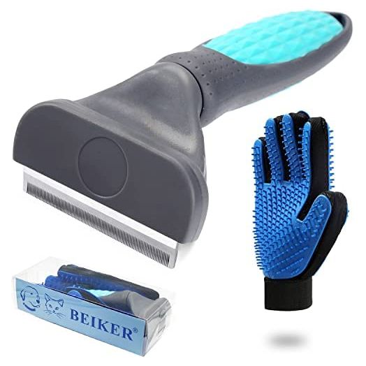 Beiker Pet De-Shedding Brush Set for Dog & Cat, Professional Pet Grooming Tool Kit for Short Haired Dogs and Cats Reduces Undercoat Shedding, Puppy Loose Hair Remover Comb, Soft Rubber Glove, Small