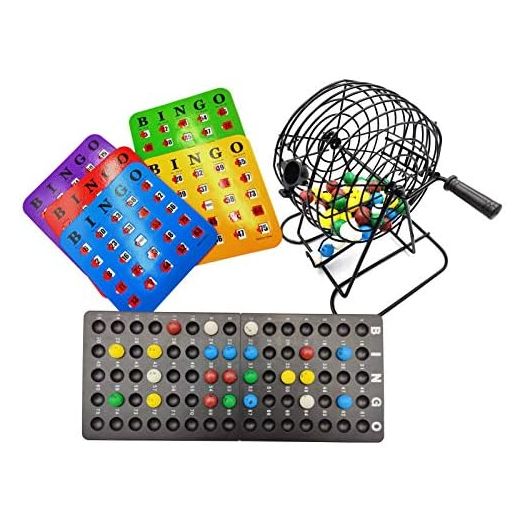 Yuanhe Deluxe Bingo Game Set - 6 Inch Metal Cage with Calling Board, 5 Shutter Slide Cards, 75 Colored Balls, for Large Group Games
