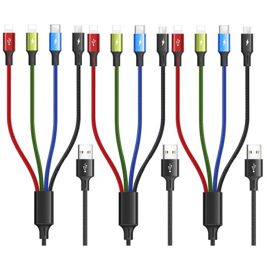 MINLU Multi Charging Cable 4A 3Pack 4FT Multi Fast Charging Cord 4 in 1 Multi Charger Cable Multi Cable with IP/Type C/Micro USB Port Adapter for Cell Phones/Tablets/Samsung Galaxy/LG/Huawei & More
