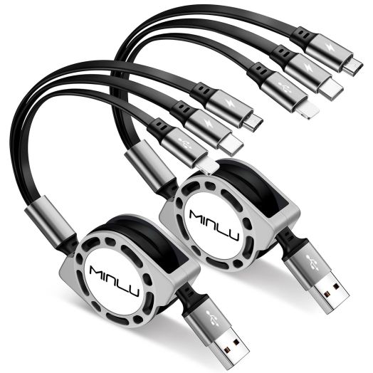 Minlu Multi Charging Cable 3A [2Pack 4ft] Retractable Multi Charging Cord 3 in 1 Fast Charger Cord Multi Charger Adapter with IP/Type C/Micro USB Port for Cell Phones/Samsung Galaxy/PS/Tablets/More