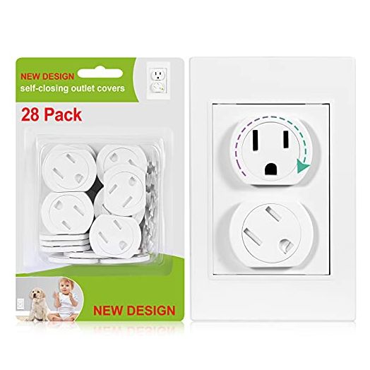 Outlet Covers (28 Pack) Self-Closing Child Proof Socket Covers 3-Prong Swivel Outlet Plug Covers Upgraded Adhesive Installation Comes with Extra Sticker Electrical Outlet Protectors for Baby