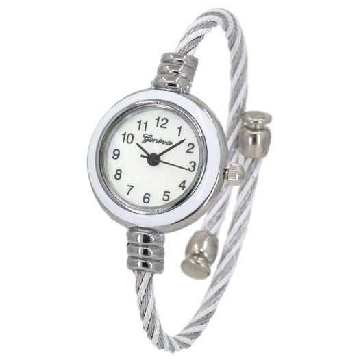 Blekon Collections Women's Cuff Watch - Round Analog Display Arabic Numbers 23mm Case Wire Bracelet Watch for Women Elegant Cable Cuff Bangle Wrist Watch (White/Silver)