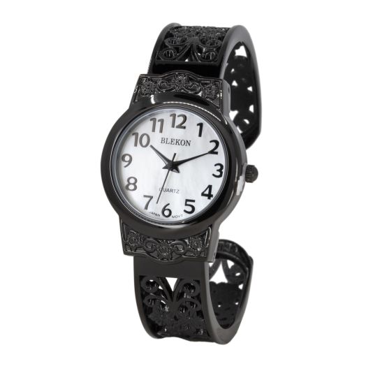 Blekon Collections Japanese Quartz Women's 28mm Case Elegantly Designed Cuff Bangle Watch (Black)