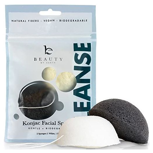 Konjac Sponge - 2 Pack of Natural Facial Sponges for Gentle Cleansing and Face Exfoliating Loofah for Use with Wash, Cleanser or Oil to Clean Skin (1 White Natural, 1 Black Charcoal)