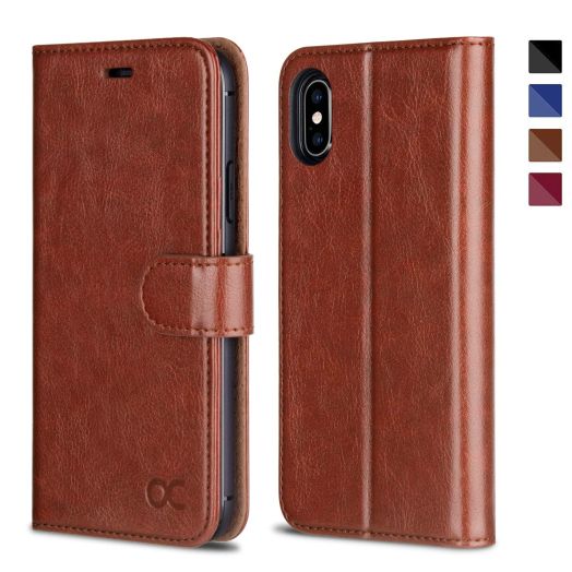 OCASE iPhone X/10 Wallet Case - Wireless Charging, Card Slot, Kickstand, Leather Flip Cover - Brown