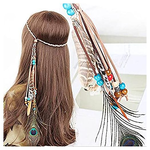 Campsis Indian Peacock Feather Headbands Boho Princess Head Chain Bule Adjust Headdress Handmade Rope Hair Accessories for Women and Girls (G)