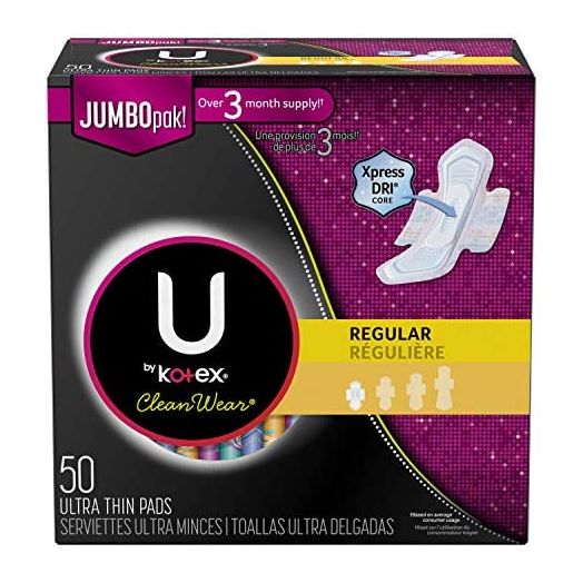 U by Kotex CleanWear Ultra Thin Feminine Pads with Wings, Regular, Fragrance-Free, 50 Count