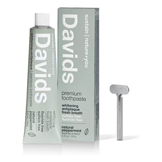 Davids Natural Whitening Toothpaste, Antiplaque, Fluoride Free, SLS Free, Peppermint, 5.25 OZ Metal Tube, Tube Roller Included