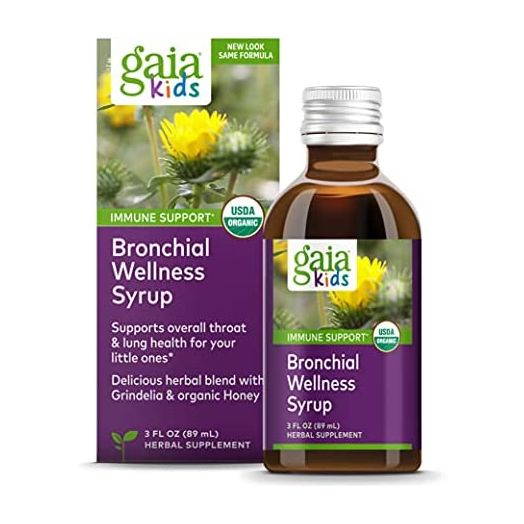 GaiaKids Bronchial Wellness Syrup - Immune Support Supplement - Overall Throat & Lung Health Support - Certified Organic Formula with English Plantain, Grindelia & Honey - 3 Fl Oz (18 Servings)