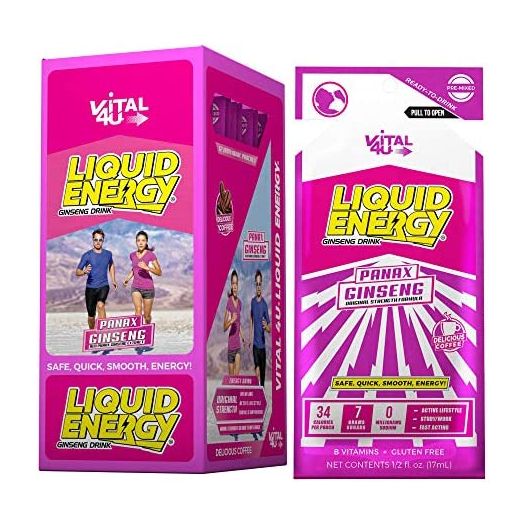 Vital 4U® Liquid Energy - Ginseng Energy Shot with Panax Ginseng Extract, B Vitamins, Natural Sugar and Flavor, Delicious Coffee Flavor, 24 Count