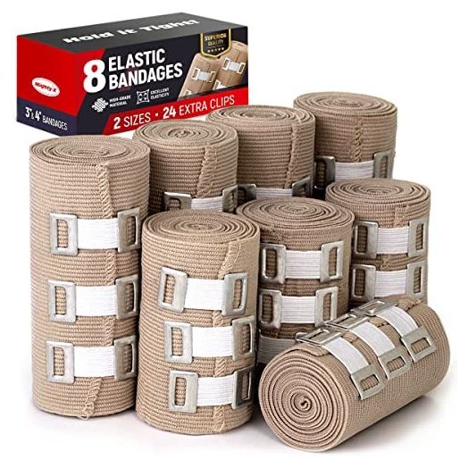 Premium Elastic Bandage Wrap - 8 Pack + 24 Extra Clips - Durable Compression Bandage (4X - 3 inch, 4X - 4 inch Rolls) Stretches up to 15ft in Length