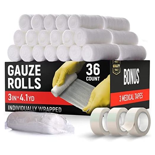 Premium Gauze Rolls - Pack of 36 - [Individually Wrapped] - 3” x 4.1 yd Rolled Gauze + 3 Free Bonus Tapes