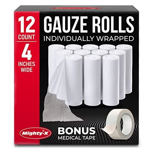 Premium Gauze Rolls - Pack of 12 - [Individually Wrapped] - 4” x 4.1 yd Rolled Gauze + Free Bonus Tape