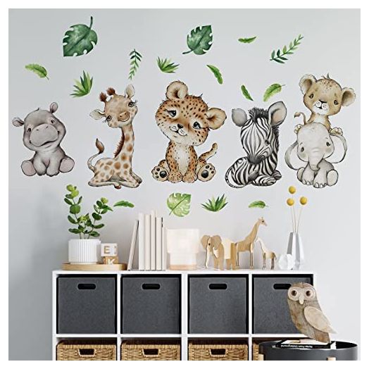 Yovkky Watercolor Baby Safari Animals Wall Decals Stickers, African Jungle Elephant Zebra Giraffe Hippo Lion Leopard Cheetah Kids Room Nursery Decor, Neutral Palm Leaf Crib Decorations Bedroom Art
