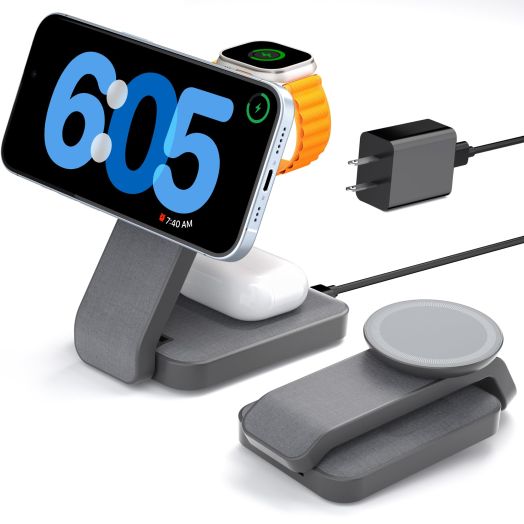 3 in 1 Foldable Wireless Charging Station for MagSafe, Travel Magnetic Charger Stand for iPhone 15 14 13 12 Pro Max, Fast Nightstand Charging Dock with Night Light for Apple Watch/AirPods
