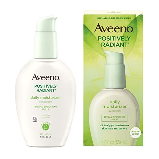 Aveeno Positively Radiant Daily Facial Moisturizer with Broad Spectrum SPF 15 Sunscreen & Total Soy Complex for Even Tone & Texture, Hypoallergenic, Oil-Free & Non-Comedogenic, 4 fl. oz