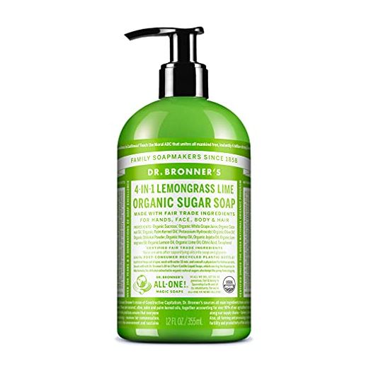 Dr. Bronner’s - Organic Sugar Soap (Lemongrass, 12 Ounce) - Made with Organic Oils, Sugar and Shikakai Powder, 4-in-1 Use: Hands, Body, Face and Hair, Cleanses, Moisturizes and Nourishes, Vegan