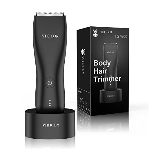 VIKICON Electric Groin Hair Trimmer: Ball Shaver & Body Groomer for Men Waterproof Wet / Dry Body Hair Clippers, Male Hygiene Razor with Standing Recharge Dock, Replaceable Ceramic Blade Heads (Black)