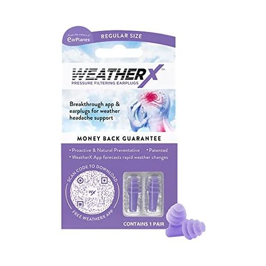 WeatherX Headache Prevention– Pressure Filtering Earplug for Shifts in Barometric Weather Pressure, Download Free Alert app (Regular 1 PK)