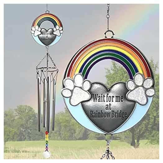 BANBERRY DESIGNS Rainbow Bridge Pet Memorial Windchimes - Wait for Me at Rainbow Bridge Sentiment for Dogs or Cats - Paw Prints Rainbows Blue Sky Design - Approximately 20 Inches Long