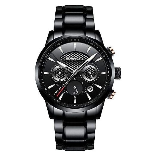 CRRJU Brand Men's Business Casual Chronograph Quartz Waterproof Wristwatch Black Stainless Steel Strap