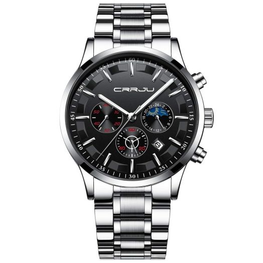 CRRJU Brand Men's Business Casual Chronograph Quartz Waterproof Wristwatch with Stainless Steel Band (Silver Black)