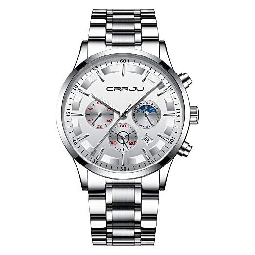CRRJU Brand Men's Business Casual Chronograph Quartz Waterproof Wristwatch Black Stainless Steel Strap