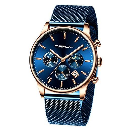 CRRJU Men's Watches Auto Date Chronograph Watch Men Sports Watches Waterproof 30M Full Steel Quartz with Mesh Strap