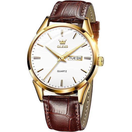 QBAIZI Men's Watches Leather Strap Gold Dress Watches for Men White Face Date Day Casual Fashion Mens Wrist Watch Brown Band Easy Read Simple Watch Men Waterproof,Relojes De Hombres
