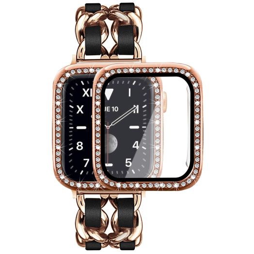 Mosonio Compatible for Apple Watch Band 44mm with Screen Protector Case Women, Jewelry Bracelet Metal Strap with 2 P Bling Cover for 44mm iWatch Series 6 5 4(Rose Gold Link with Black Leather)