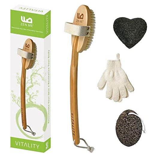 Zen Me Dry Brush Set - Natural Exfoliating Boar Bristle Body Brush, Exfoliating Gloves, Pumice Stone for Feet & Konjac Sponge - Dry Brush for Body, Bath Brush, Body Sponge, Lymphatic Drainage Tool