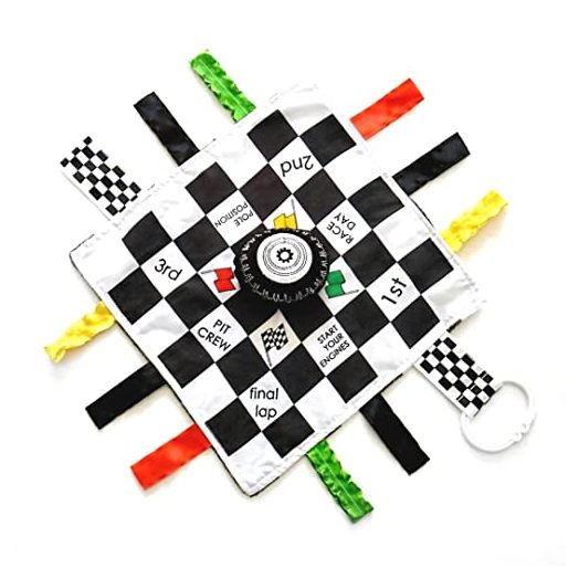 Sensory Baby Tag Toy Start Your Engines Racing Checkered Flag Lovey Blanket for Racecar Fans, 10" X 10