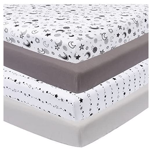 FIGEPO 4 Pack Star and Moon Neutral Unisex Fitted Baby Crib Sheets Set for Baby Boys or Girls (White)