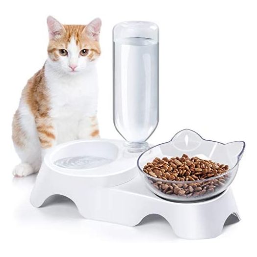 MILIFUN Double Dog Cat Bowls Pets Water and Food Bowl Set, Cat Bowls Food and Water with Automatic Waterer Bottle for Small or Medium Size Dogs Cats (White)
